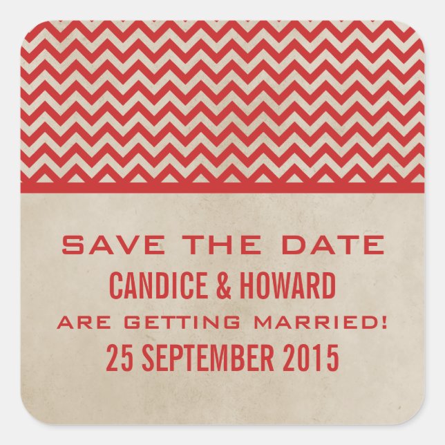 Red Chic Chevron Save the Date Stickers (Front)