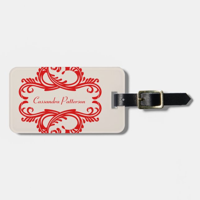 Red Chic Damask Luggage Tag (Front Horizontal)