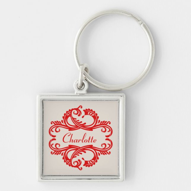 Red Chic Damask Premium Keychain (Front)