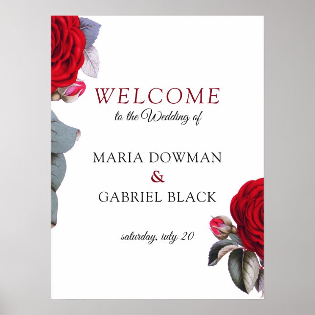 Red chic flower Floral Wedding welcome Sign Poster (Front)