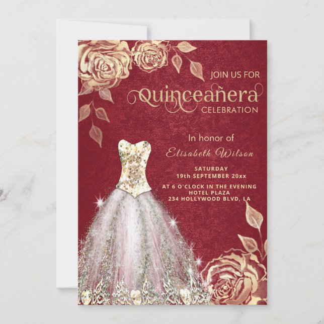 Red chic Gold roses trendy  dress Quinceañera Invitation (Front)