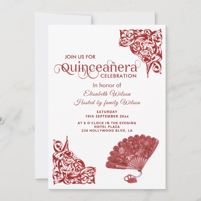 Red Chic hand fan romantic roses  Quinceañera  Invitation (Front)
