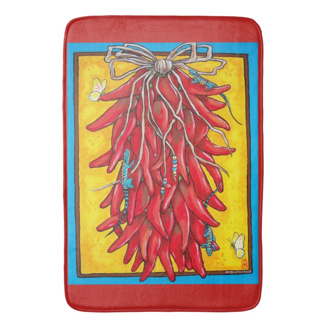 Red Chili Chile Pepper Ristra Lizard Bath Mat (Front Vertical)