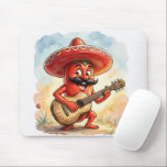 Red Chili Pepper Guitar Player Mouse Pad<br><div class="desc">A cheerful cartoon red pepper wearing a sombrero strums a guitar,  radiating a playful and whimsical vibe</div>