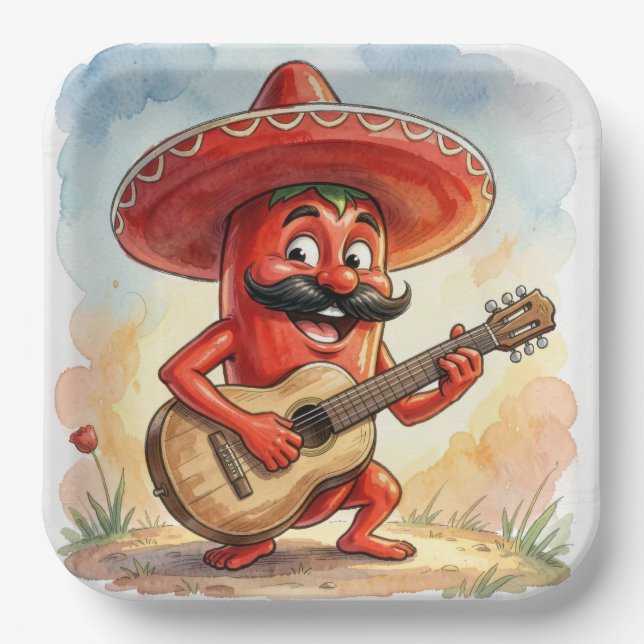 Red Chili Pepper Guitarist Paper Plate (Front)