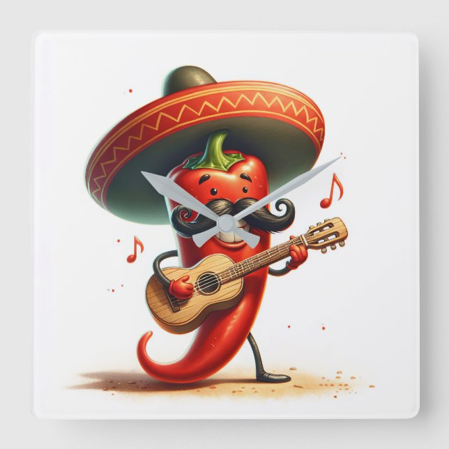 Red Chili Pepper Musician Square Wall Clock (Front)