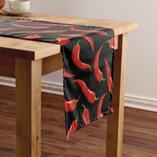 Red Chili Peppers on Black Table Runner (In Situ)
