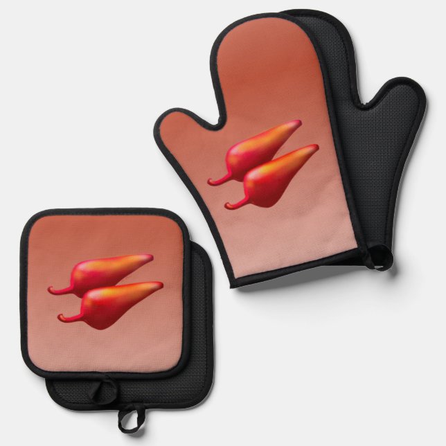 Red Chili Peppers silicone oven mitts potholders Mitt & Pot Holder Set (Front/Back)