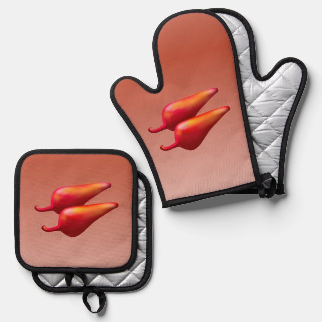 Red Chili Peppers silver oven mitts potholder set (Front/Back)