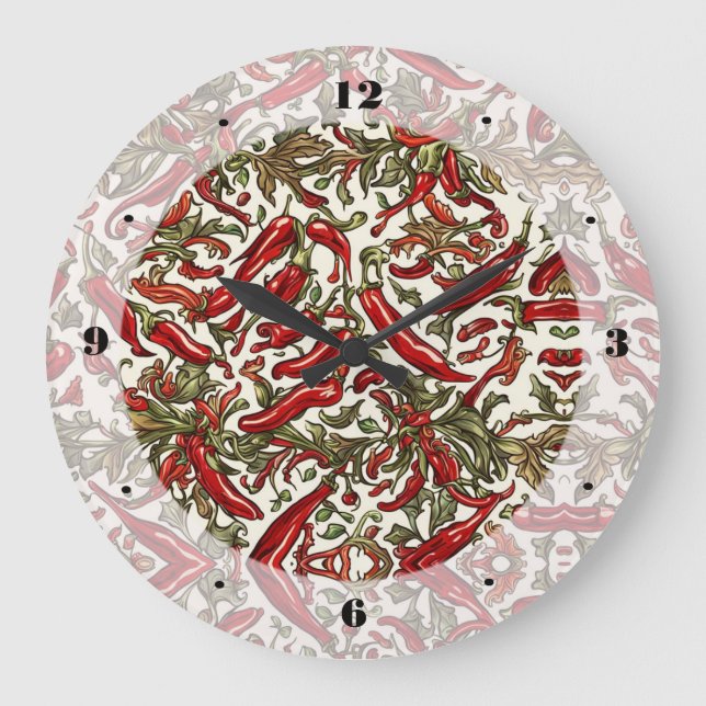 Red Chili Peppers Vintage Pattern  Large Clock (Front)