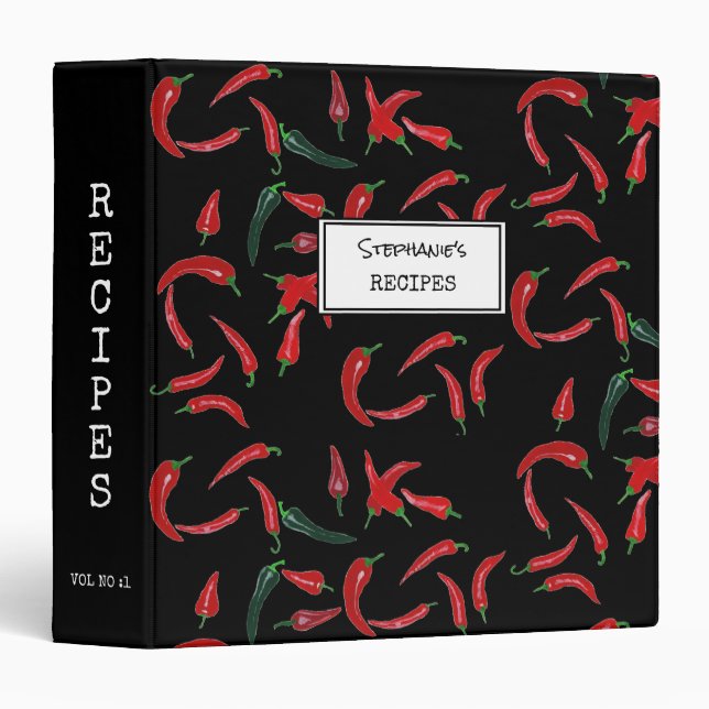 Red Chilli Pattern on Black Personalized Recipe Binder (Front/Spine)