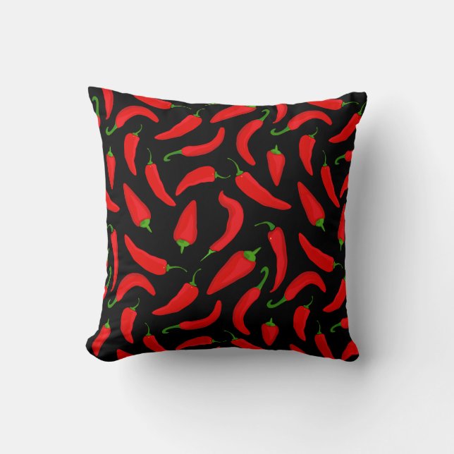Red Chilli Pepper Pattern on Black Fun Throw Pillow (Front)