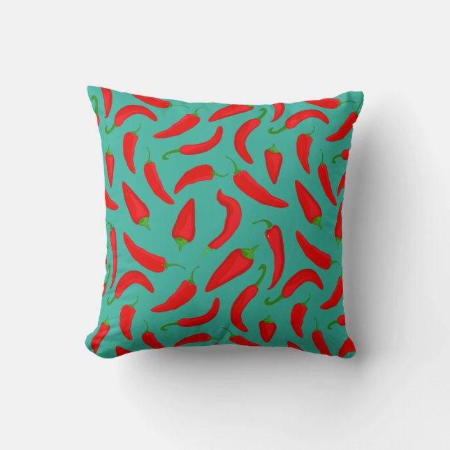 Red Chilli Pepper Pattern on Blue Fun Throw Pillow (Front)