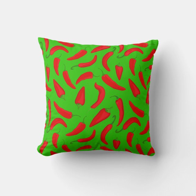 Red Chilli Pepper Pattern on Green Fun Throw Pillow (Front)