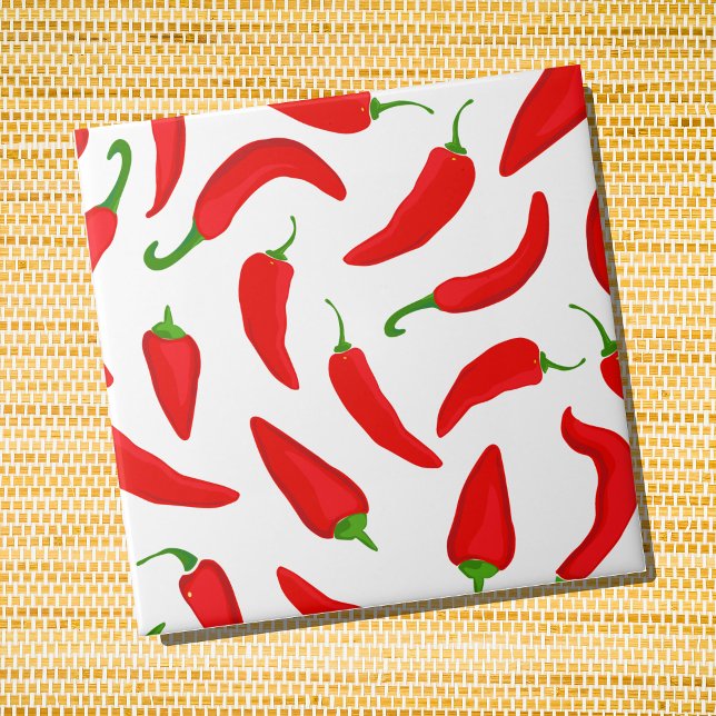 Red Chilli Peppers on White Tile (Red Chilli Pepper Patterned Ceramic Wall Tile)