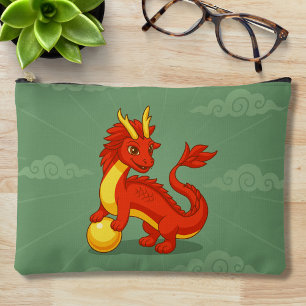 Red Chinese Dragon on Green Accessory Pouch