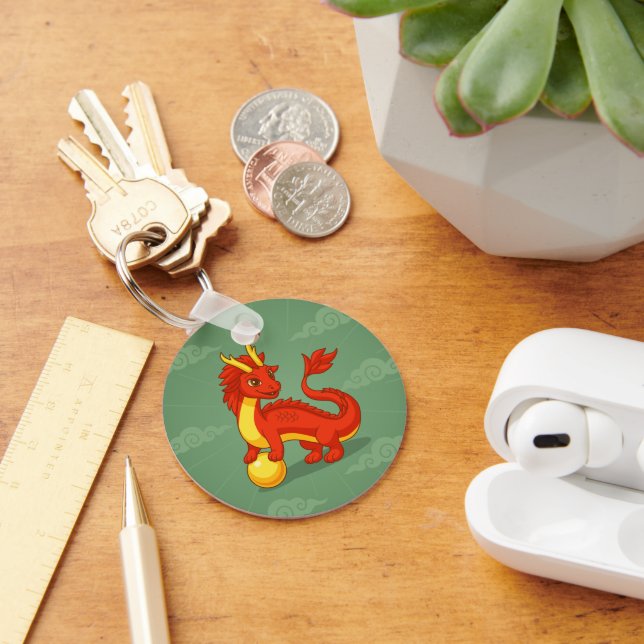 Red Chinese Dragon on Green Keychain (Desk)