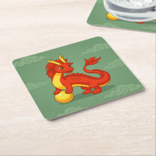 Red Chinese Dragon on Green Square Paper Coaster
