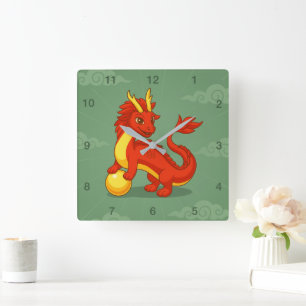 Red Chinese Dragon on Green Square Wall Clock