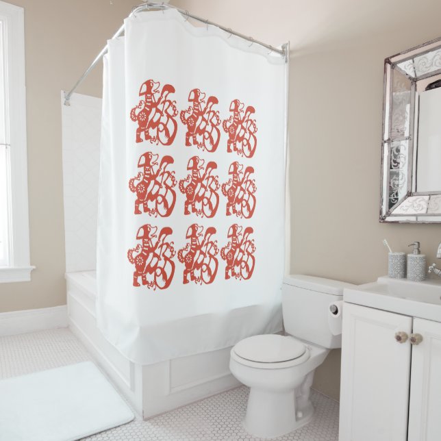 Red Chinese Papercut of Dog Shower Curtain (In Situ)