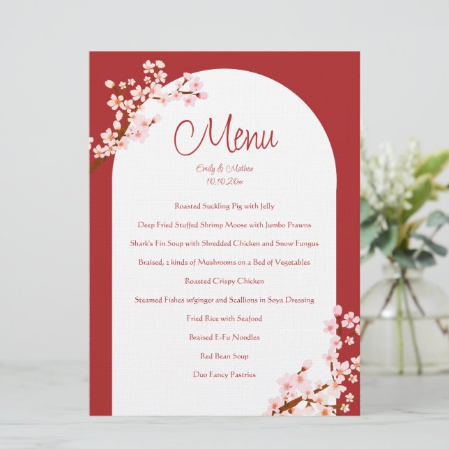 Red Chinese wedding cherry blossom arch banquet Menu (Standing Front)