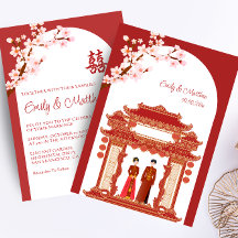 Red Chinese wedding couple temple cherry blossom