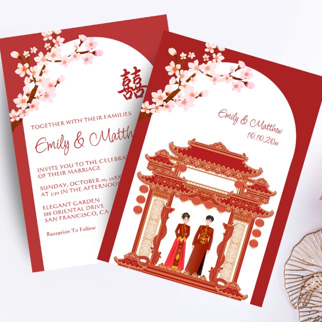 Red Chinese wedding couple temple cherry blossom Invitation (Creator Uploaded)