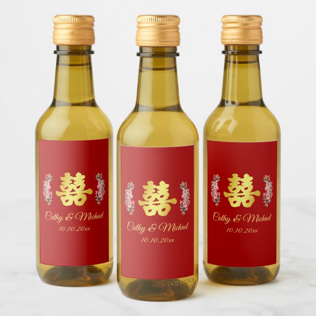 Red Chinese wedding double happiness floral  Wine Label (Bottles)