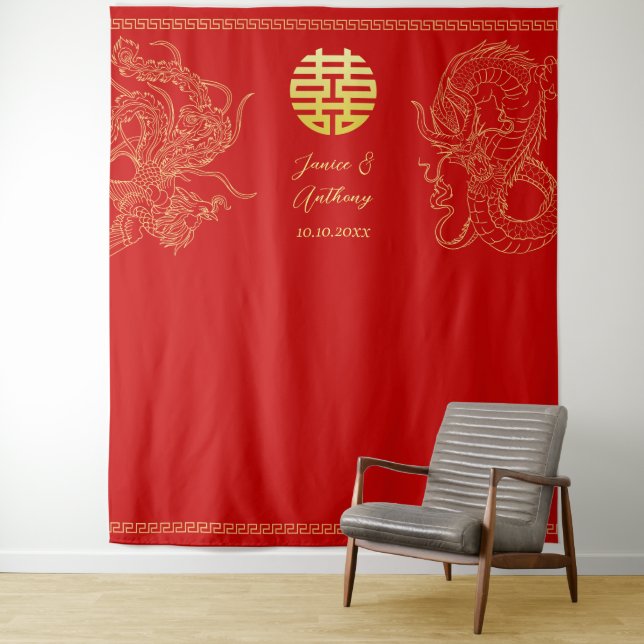 Red Chinese wedding dragon and phoenix backdrop Tapestry (In Situ)