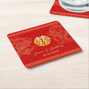 Red Chinese wedding dragon phoenix reception Square Paper Coaster