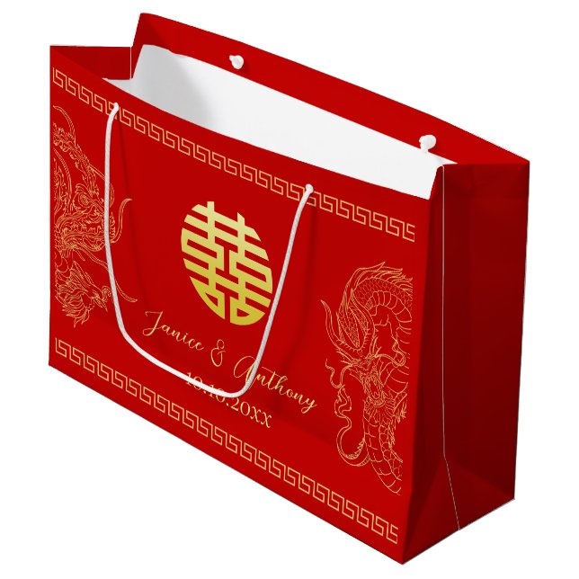 Red Chinese wedding dragon phoenix traditional Large Gift Bag (Front Angled)