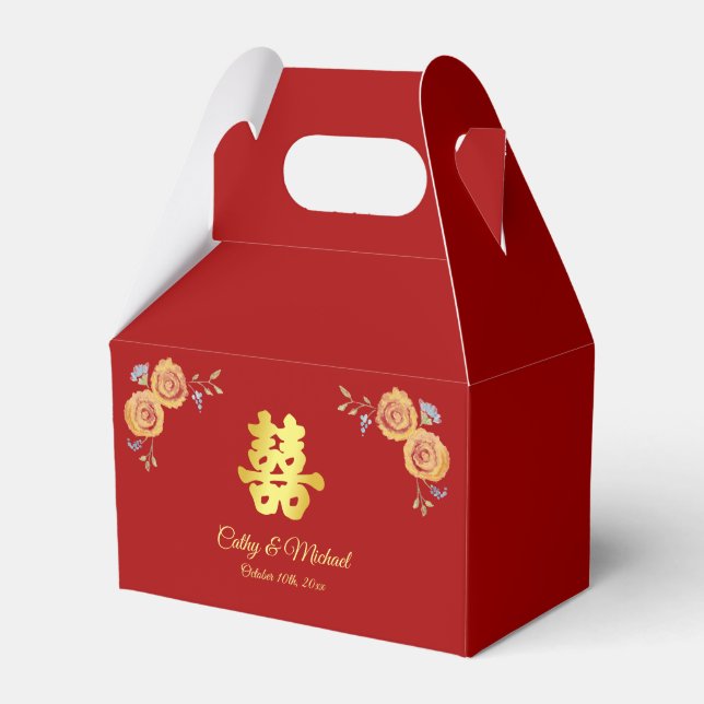 Red Chinese wedding orange floral double happiness Favor Box (Front Side)
