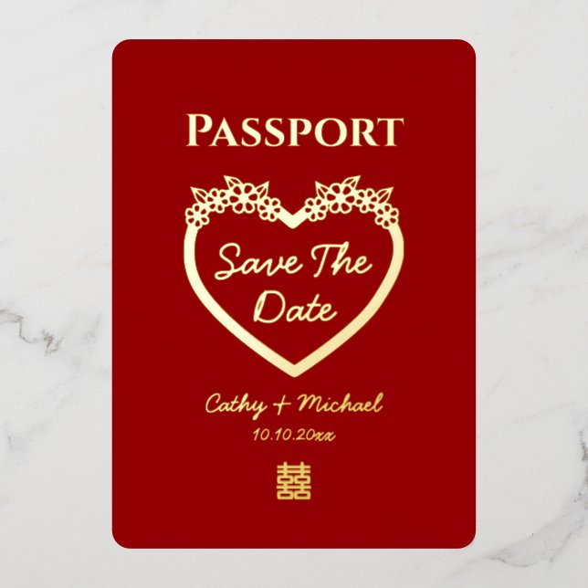 Red chinese wedding passport save the date (Front)