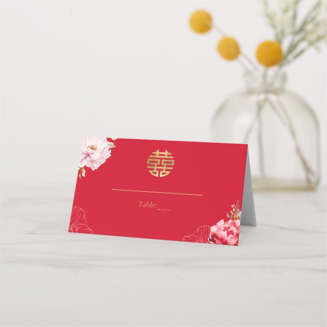 Red Chinese Wedding Peonies Double Happiness Place Card (Front)