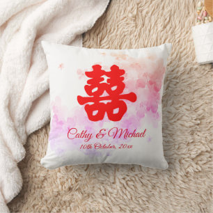Red Chinese wedding romantic cherry blossom Throw Pillow