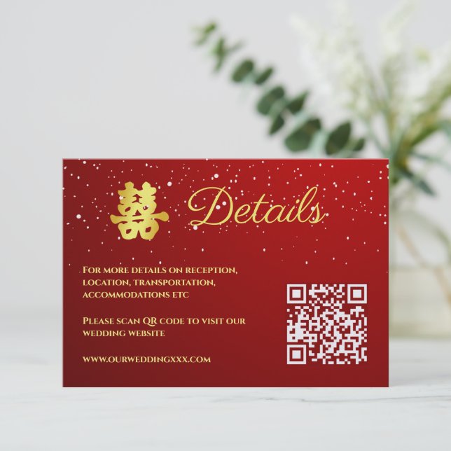 Red Chinese wedding snowflake details Enclosure Card (Standing Front)