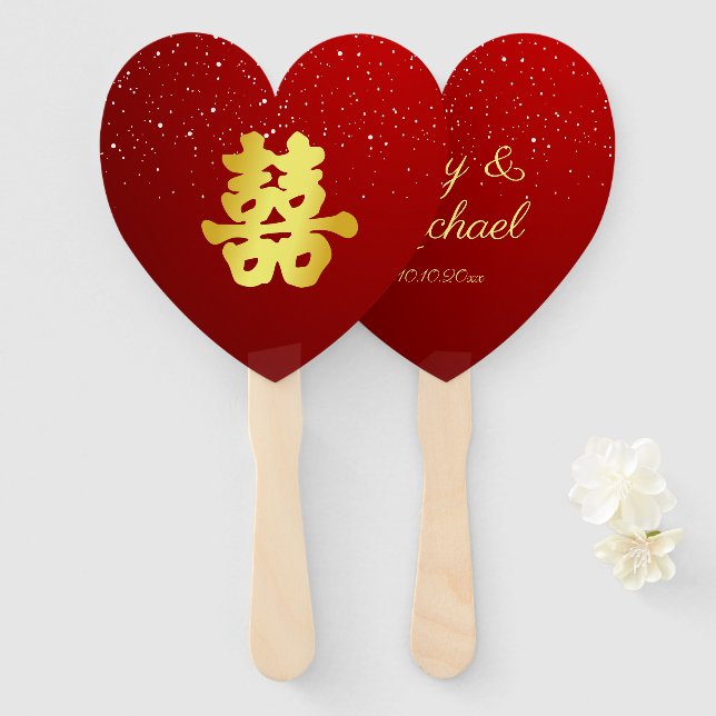 Red Chinese wedding snowflake double happiness Han Hand Fan (Front and Back)