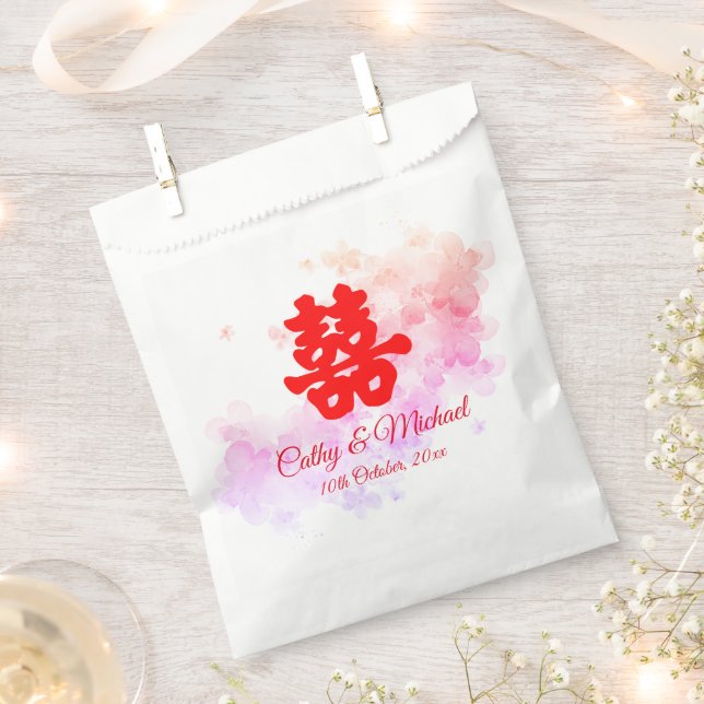Red Chinese wedding watercolor cherry blossom Favour Bag (Clipped)