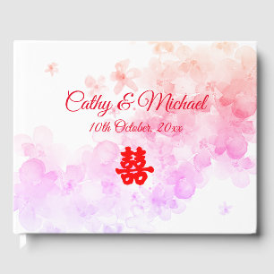 Red Chinese wedding watercolor cherry blossom Guest Book