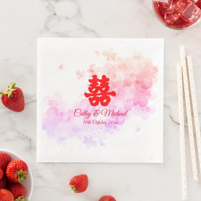 Red Chinese wedding watercolor cherry blossom Napkin (Insitu)