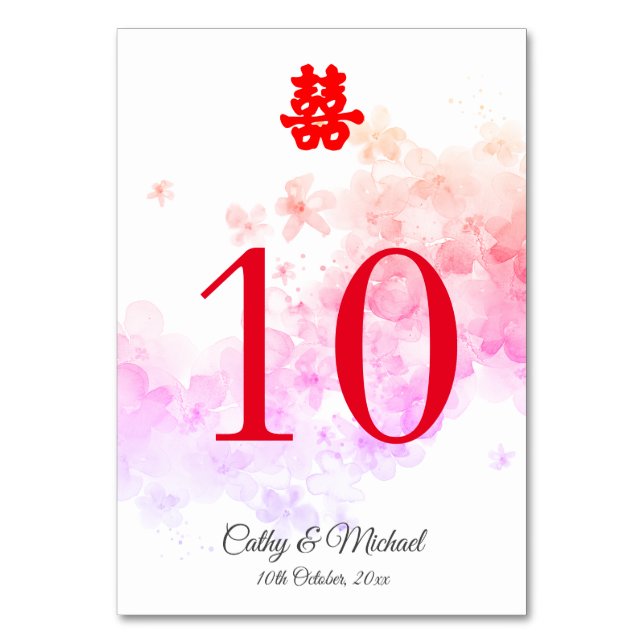 Red Chinese wedding watercolor cherry blossom Table Number (Front)