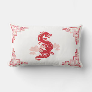 Red Chinoiserie Dragon and Clouds Lumbar Pillow