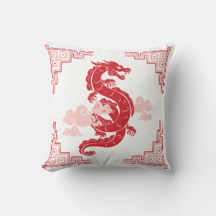 Red Chinoiserie Dragon and Clouds Throw Pillow