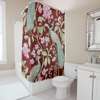 Red Chinoiserie peacock floral elegant 