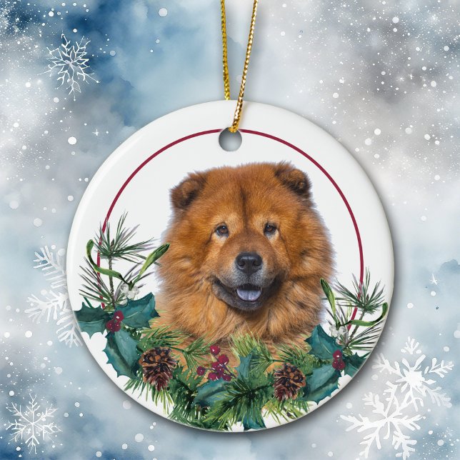 Red Chow Chow Dog Evergreen Berry Wreath Ceramic Ornament (Creator Uploaded)