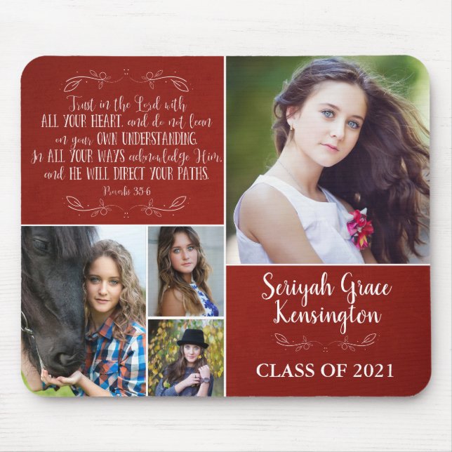 Red Christian Verse Graduation 4 Photo Collage Mouse Pad (Front)