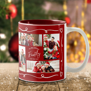 Red Christmas 4 Photo Family Hand Drawn Doodles Two-Tone Coffee Mug