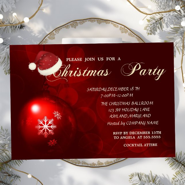 Red Christmas Ball,Santa Hat, Company Christmas  Invitation (Creator Uploaded)