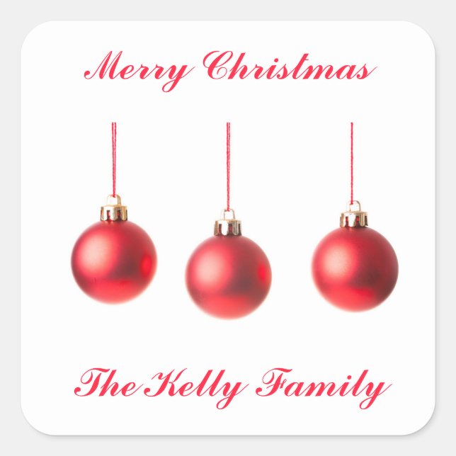 Red Christmas Balls decoration photo with text Square Sticker (Front)