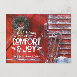 Red Christmas Barn Country Script Comfort and Joy  Holiday Postcard